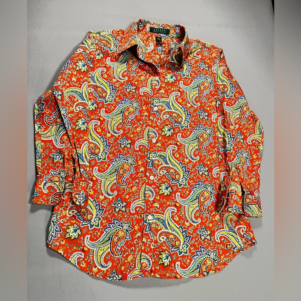 Lauren Ralph Lauren Womens Multi Color Orange Floral Shirt Blouse Size SP